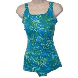 IT FIGURES Tropical Blue and Green Slimming 1 Piece Swimsuit Womens size 10